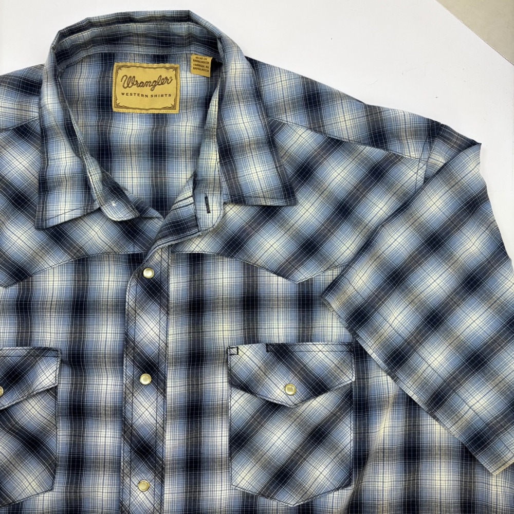 Wrangler Mens Western Shirt Blue Plaid Pearl Snap Short Sleeve Size 2XL